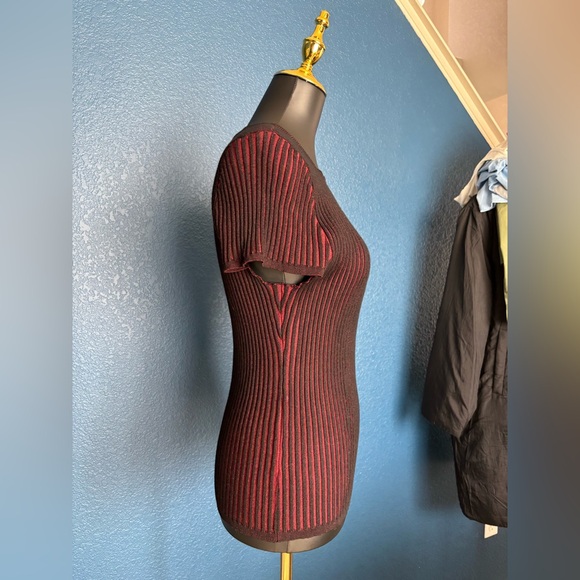 DKNY Black and Red Striped Short Sleeve Top, Shell, form-fitted, stretch - Picture 6 of 13